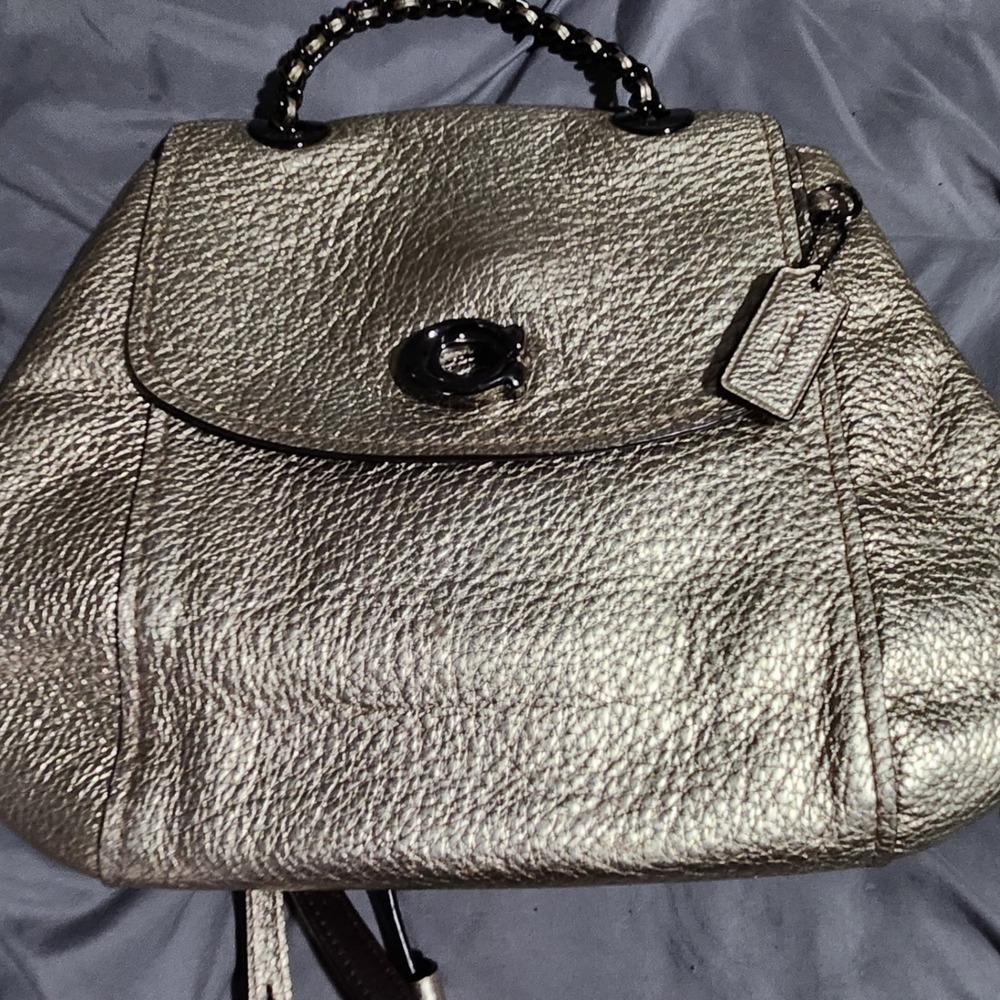 Coach Parker Convertible Backpack Metallic Gold Pebbled Leather Tea Rose Bag